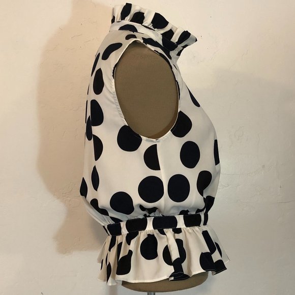 WHITE & BLUE POLKA DOT RUFFLE NECK SLEEVELESS SHIRT - ALICE RITTER BROOKLYN - Picture 4 of 7